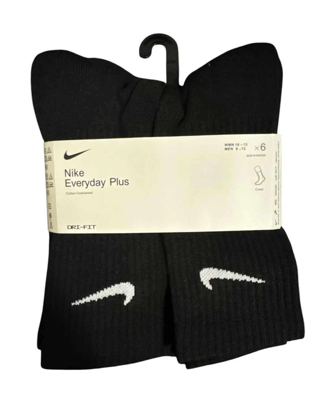 Nike Everyday Plus Dri-FIT Crew Socks 6 Pairs Cushioned Black White M L